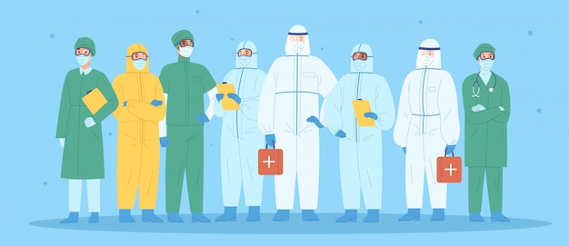 Group of medical workers in personal protective equipment. Physicians, nurses, paramedics, surgeons in workwear. Hospital team standing together wearing uniform or protection suit.   illustration