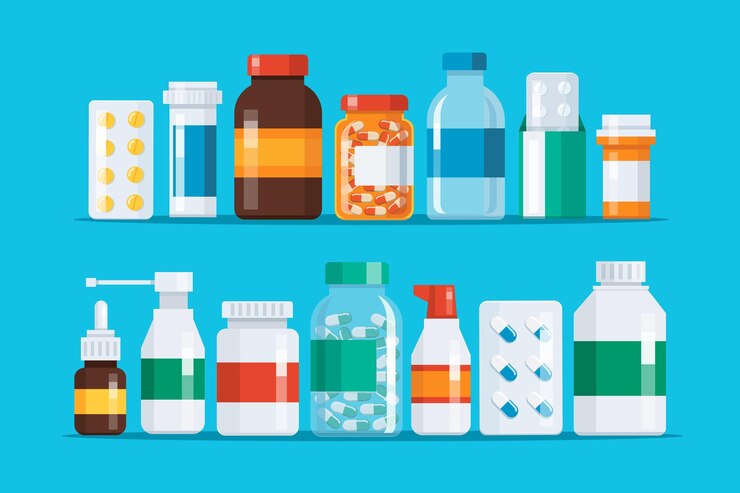 Vector group of medicine bottles capsules vector illustration