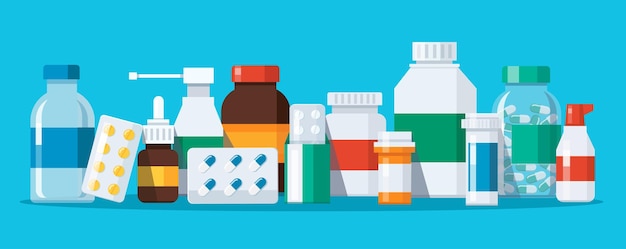 group of medicine bottles capsules vector illustration