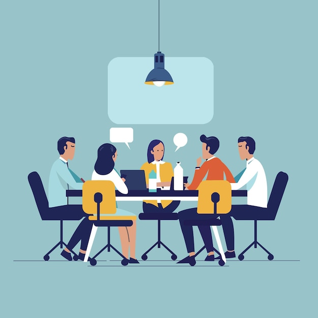 A group of men sit on chairs at a desk vector