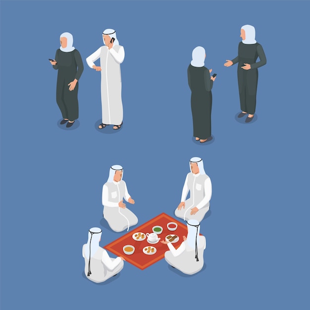 Vector a group of men in traditional dress are gathered around a table with food