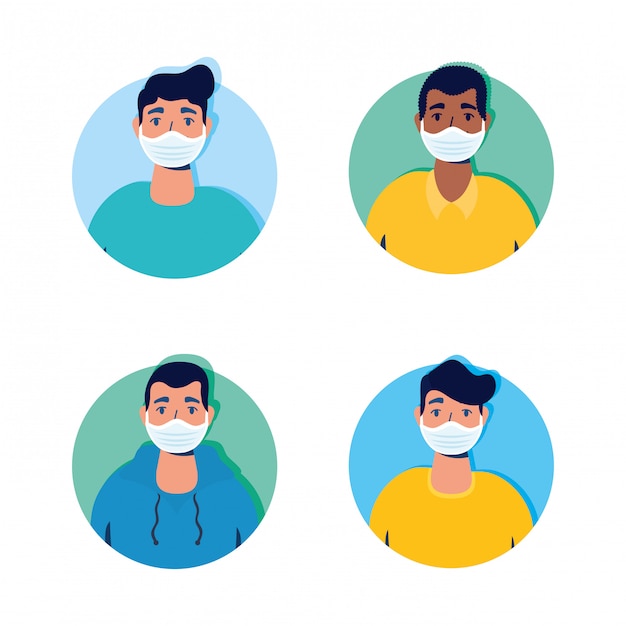 Group of men using face masks characters