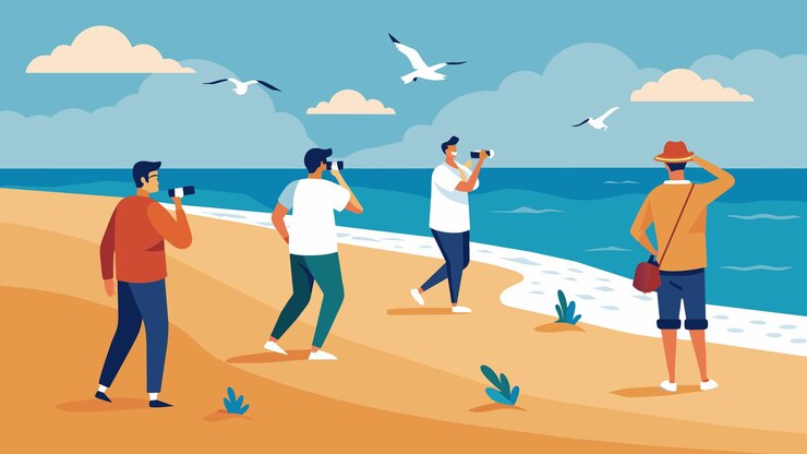 Vector a group of men walking along a sandy beach taking turns capturing the crashing waves and seagulls in