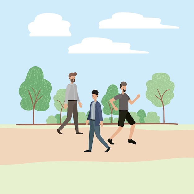 Group of men walking on the park characters