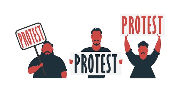 白い背景の漫画スタイルのベクトル図に分離された抗議バナーを持つ男性のグループ