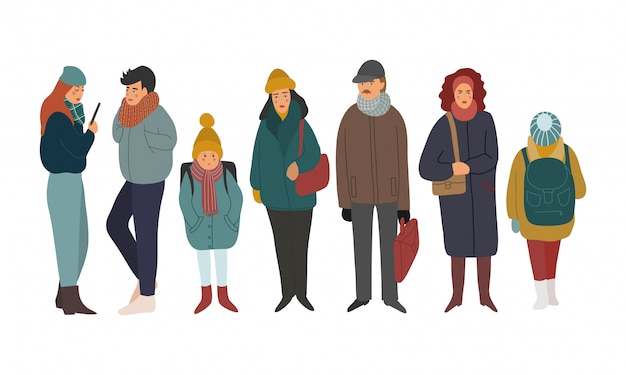 Vector group of men, women and children wearing winter clothing.