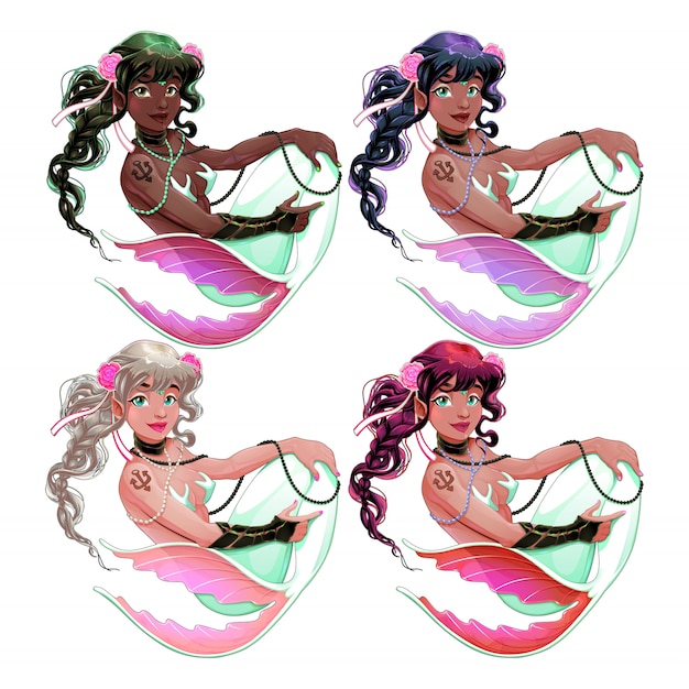 Vector group of mermaids with different skin and hair colors