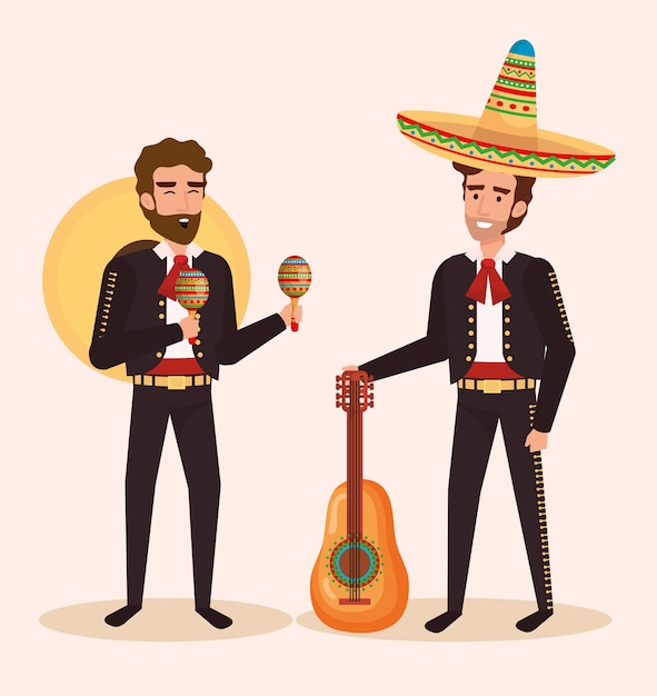 Вектор Группа mexican mariachis с инструментами