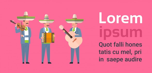 Vector group of mexican musicians in traditional clothes and sombrero