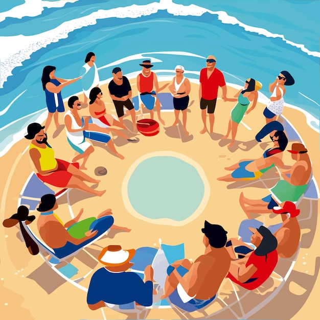 A group of middle aged men and women sitting beach illustration