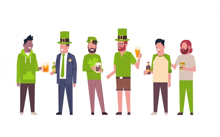 Vector group of mix race men in green clothes drink beer celebrating happy st. patricks day isolated