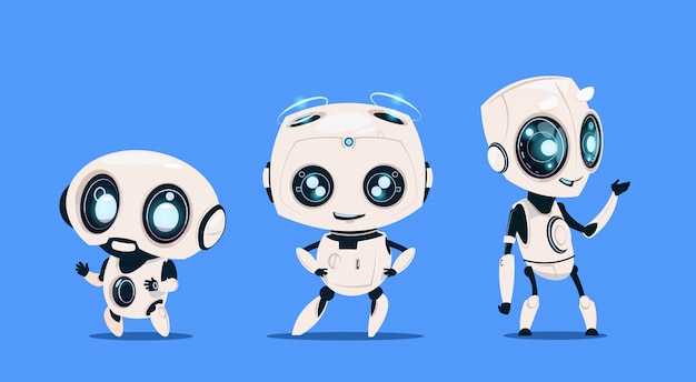 Gruppo di robot moderni isolato su sfondo blu cute cartoon character artificial intelligence