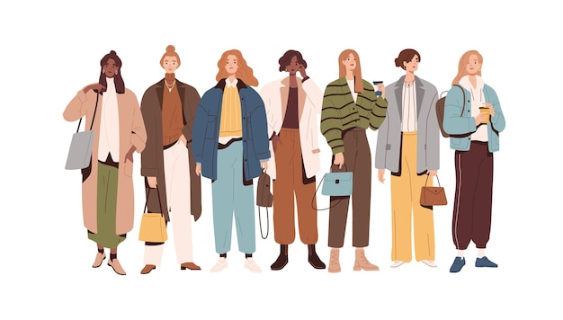 Group of modern stylish women and girls in fashion clothes standing together. Fashionable spring or fall outfits. Street style models. Colored flat vector illustration isolated on white background.