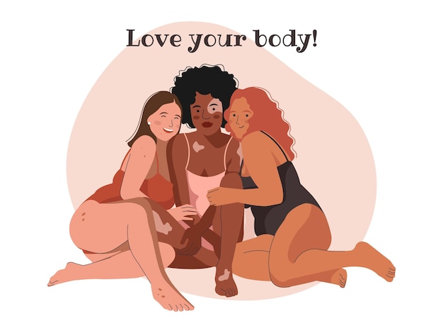 Vector group of multi cultural young happy women in swimsuits or underwear. body positive movement and beau