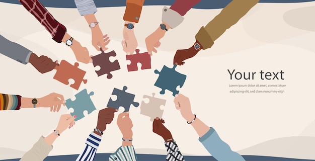 Vector group of multicultural business people with raised arms holding a piece of jigsaw colleagues