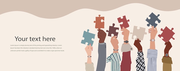 Vector group of multicultural business people with raised arms holding a piece of jigsaw colleagues