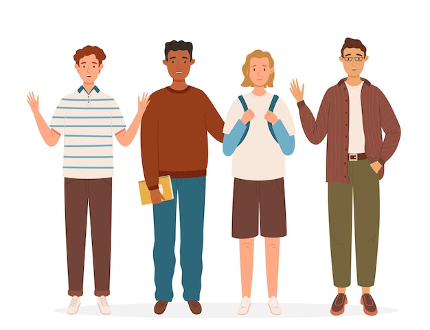 Group of multicultural male students flat vector illustration Young boys holding books and backpacks in casual clothes