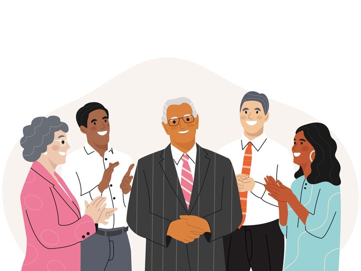 Vector group of multicultural smiling positive people office workers standing applauding to their project m
