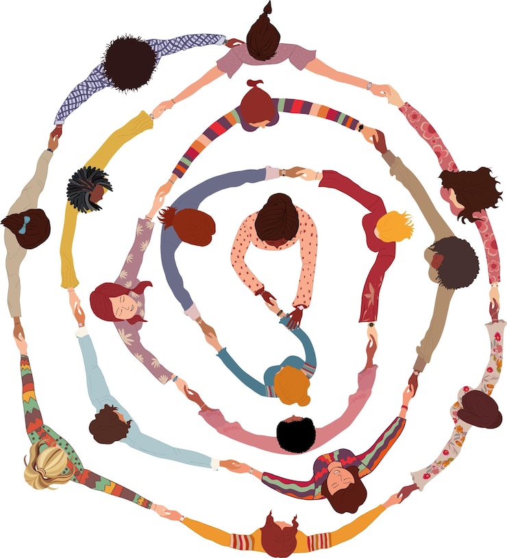 Vector group of multicultural women in circle holding hands international women s day diversity