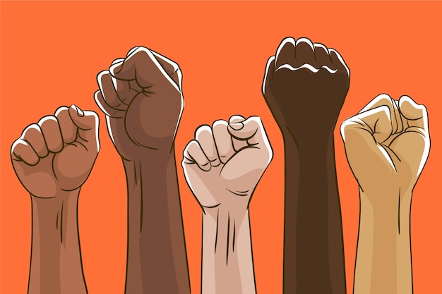 Vector group of multiracial raised fists together