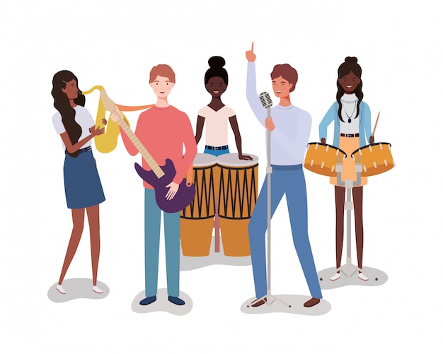 Group music band playing instruments characters