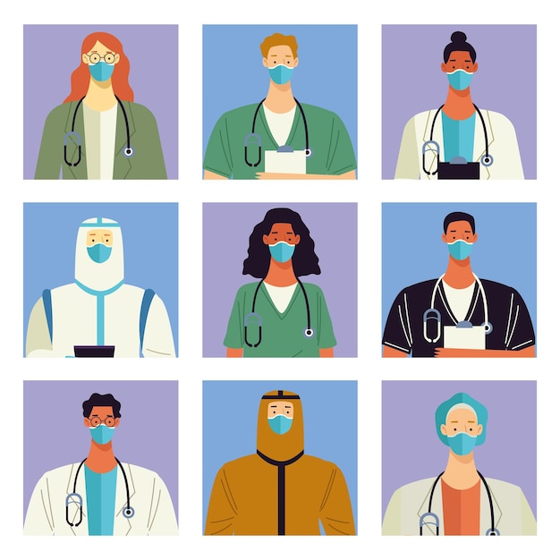 Group of nine doctors medical staff characters