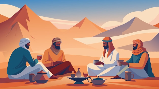 A group of nomads in the middle east taking a break from their journey to enjoy a cup of mint tea a