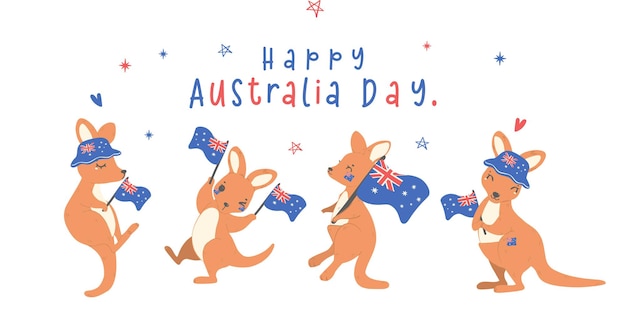 ベクトル オーストラリア・デイ・グループ (group of australia day) はバルーンと旗を掲げたアニメーションアニマルで可愛いベビーカンガルーを紹介しています