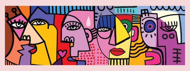 Вектор Группа красочных абстрактных лицевых портретов в стиле кубизма, декоративная линия, нарисованная вручную, векторный дизайн