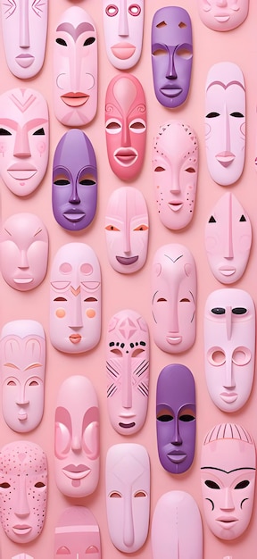Вектор Группа красочных маск на розовом фоне с верхнего обзора плоского слоя
