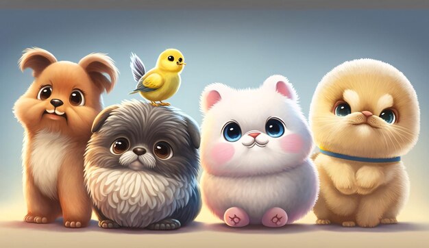 ベクトル 可愛いアニメの犬と猫のグループ 3dレンダリングイラスト