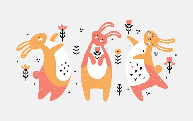 ベクトル 花の牧草地でかわいいウサギのグループ面白いウサギのキャラクター水平バナー幸せなイースターの春と夏の休日の概念スカンジナビアスタイルの手描きベクトル幼稚なイラスト