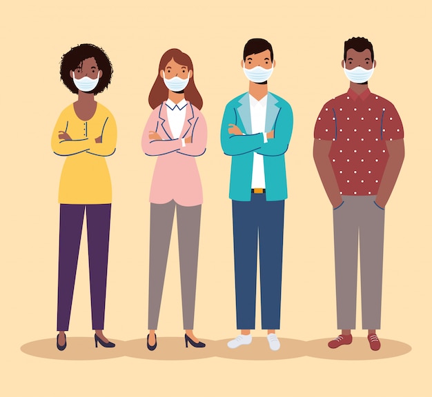 Группа разнообразных людей, носящих медицинские маски персонажей