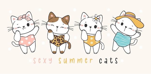 カラフルなワンピースの水着漫画落書きペット動物手描きベクトルバナーで4つのかわいい面白い夏の子猫猫のグループ