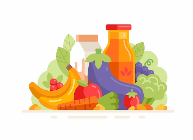 Группа свежих овощей и фруктов. плоский рисунок