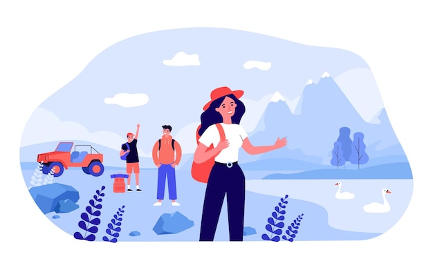 Группа друзей в походе в горы. счастливый турист возле озера с плоской векторной иллюстрацией лебедей. кемпинг, активный отдых, концепция праздника для баннера, дизайн веб-сайта или целевая веб-страница