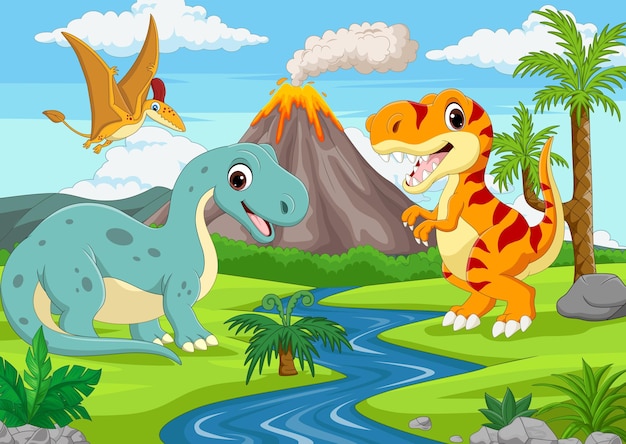Группа забавных мультяшных динозавров в джунглях