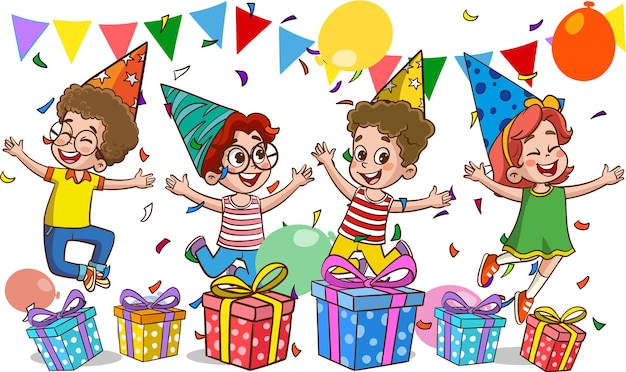 Вектор Группа счастливых детей празднует день рождения векторная иллюстрация в стиле мультфильма