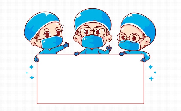 白い空白のボードのイラストを保持している幸せな医師のグループ