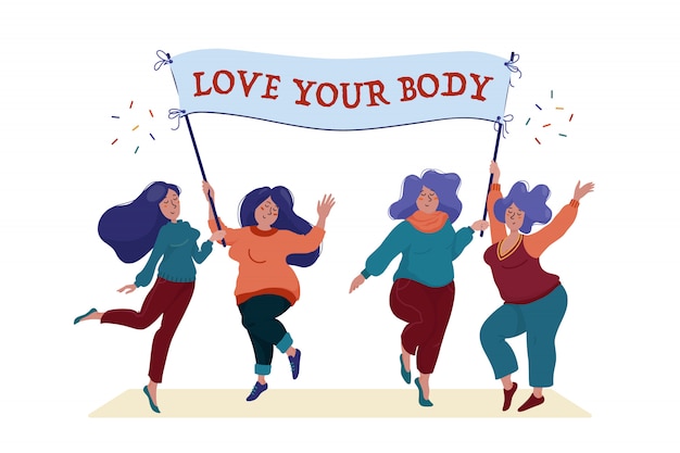 Группа счастливых женщин, занимающих баннер с love your body иллюстрации текста