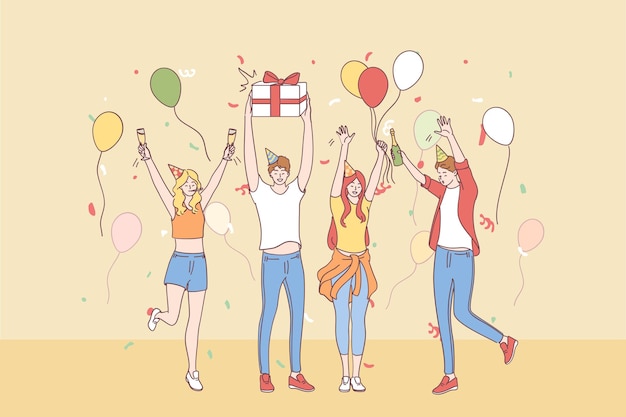 Группа счастливых молодых людей друзей мультяшных персонажей в праздничных шляпах, поднимающих руки, празднуя праздник с конфетти, шампанским и подарочными коробками вместе
