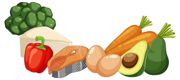 Вектор Группа здоровой пищи с брокколи, перец, лосось, яйца, морковь, авокадо