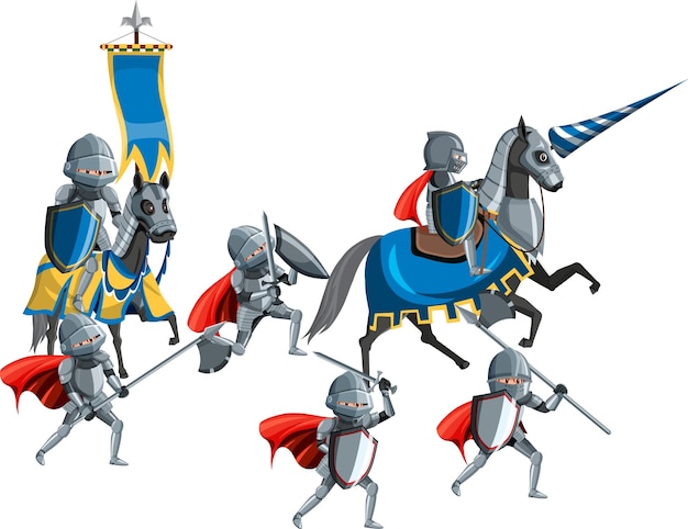 白い背景の上の馬に乗って中世の騎士のグループ