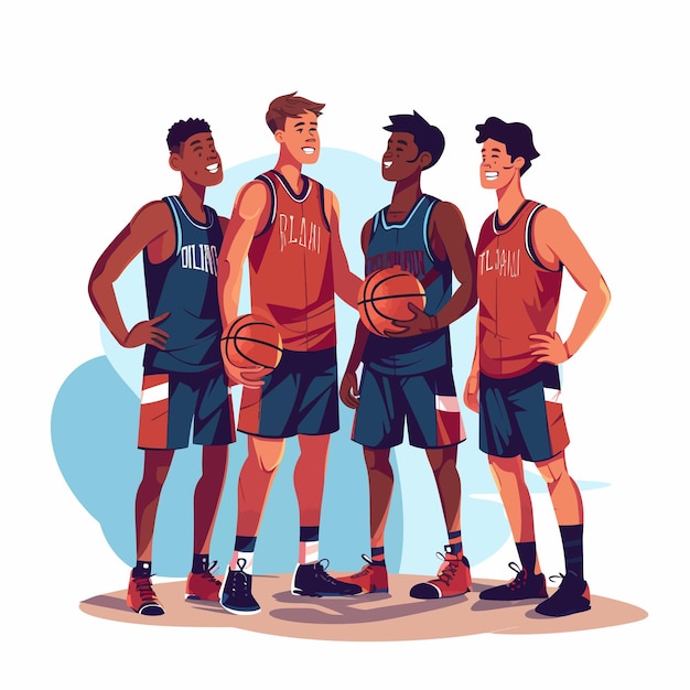 Вектор Группа мотивированных баскетболистов стоит вместе.