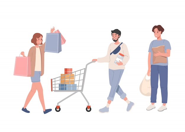Вектор Группа людей, делающих покупки с вектором сумки и корзины для покупок