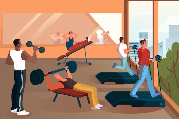 Группа людей, тренирующихся в тренажерном зале. поднятие веса и выполнение упражнений. спорт и здоровый образ жизни. мужчины делают тренировки. современный интерьер тренажерного зала. иллюстрация