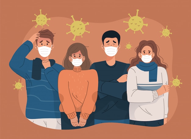Группа людей, носящих маску в окружении вируса