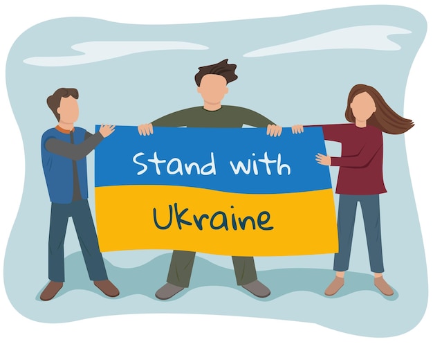 Группа людей с украинским флагом. поддержи украину. векторная плоская иллюстрация.