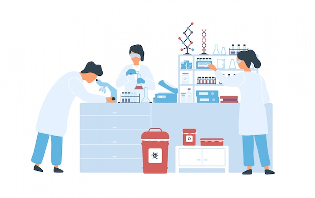 科学実験室のフラット図で働く白衣の科学者のグループ。白で隔離される化学実験室で実験を行っている男女の研究者。科学研究