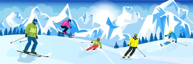 Вектор Группа лыжников практикует навыки вблизи высоких альп экстремальные зимние виды спорта снежный живописный спуск рекреационная деятельность отпуск конкурс на лыжах векторная иллюстрация